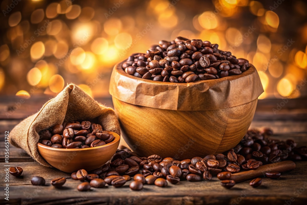 Simple yet sophisticated: Coffee bean packaging mockup - brown paper, wooden bowl, white. Simple yet sophisticated: Coffee bean packaging mockup - brown paper, wooden bowl, white.