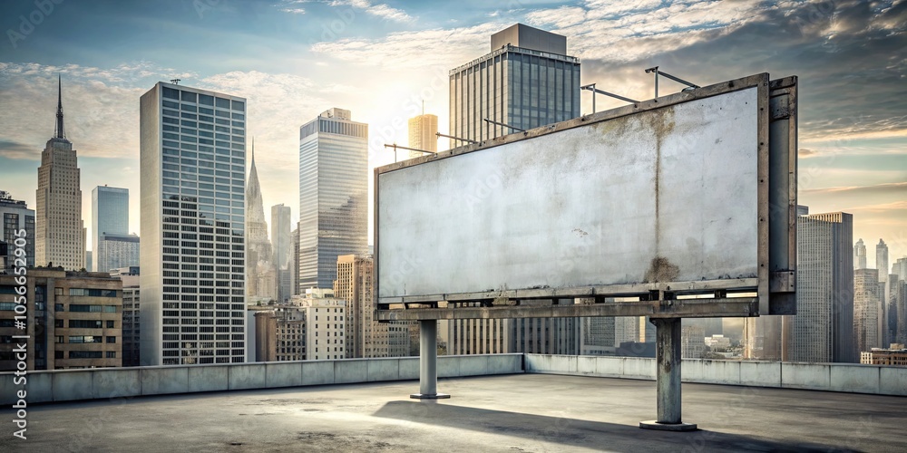 A blank billboard stands tall on a rooftop overlooking a city skyline, with the sun casting long shadows on the concrete below. A blank billboard stands tall on a rooftop overlooking a city skyline, with the sun casting long shadows on the concrete below.