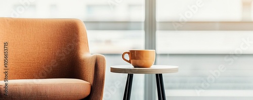 Cozy living space featuring an orange chair and a cup of coffee on a table near a large window, creating a warm and inviting atmosphere.
