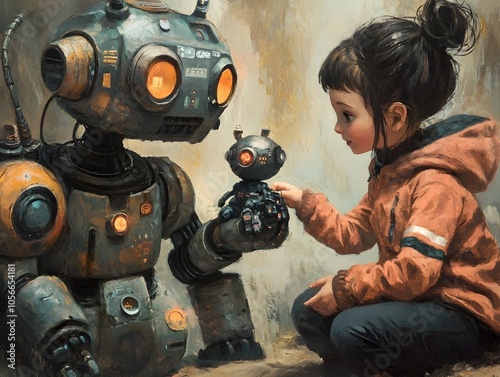 Adorable Robot Pets Interacting with Children in Playful and Imaginative Atompunk Inspired Scene photo