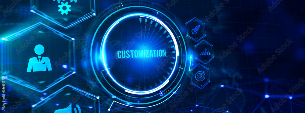 Business, technology, internet and network concept. Virtual screen of the future and sees the inscription: Customization. 3d illustration Business, technology, internet and network concept. Virtual screen of the future and sees the inscription: Customization. 3d illustration