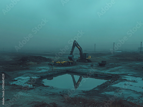 abandoned highway construction site in the middle of nowhere, surrounded by flat land, fog, there is big hole on the construction site made by excavator photo