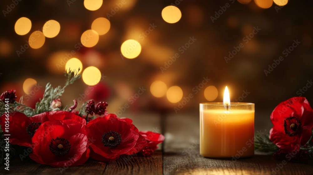 A candle is lit on a wooden table with red flowers in the foreground A candle is lit on a wooden table with red flowers in the foreground