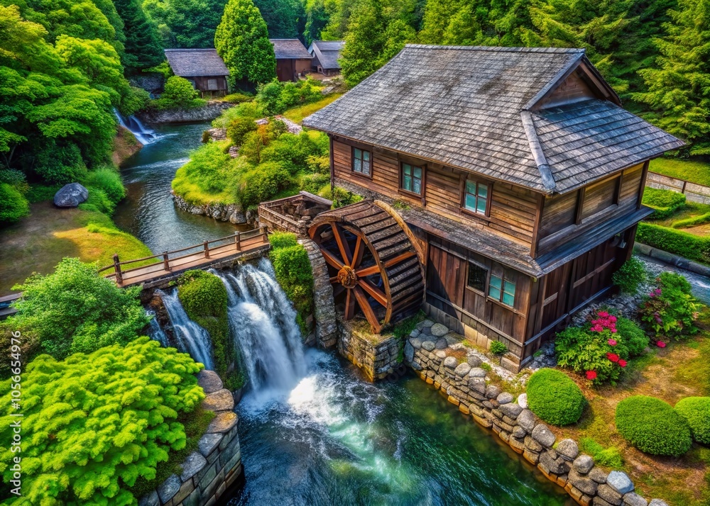 Witness the enduring legacy of Japan's oldest water mill through an aerial view. Witness the enduring legacy of Japan's oldest water mill through an aerial view.