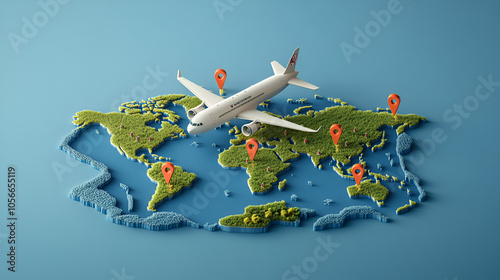 3D web vector illustrations showcasing airplane trips around the world with travel pin locations on a global map.