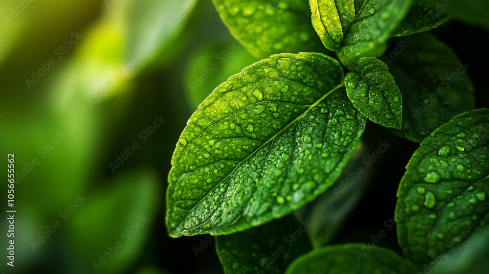 Close-Up of Fresh Green Leaves With Water Droplets, evoking freshness and natural beauty. Perfect for themes of growth, nature, and tranquility. Close-Up of Fresh Green Leaves With Water Droplets, evoking freshness and natural beauty. Perfect for themes of growth, nature, and tranquility.