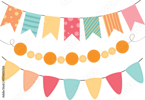 Vector Colorful Party Flags, Garlands Festive Decorations for Celebrations and Events