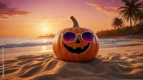 A jack-o-lantern wearing sunglasses and relaxing on a tropical beach at sunset.