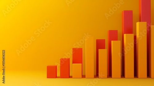 A vibrant bar graph with varying heights in shades of orange and red, set against a bright yellow background, illustrating growth or progress.