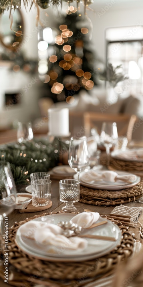 Naklejka premium A table with a Christmas tree in the background and a white tablecloth. The table is set with plates, glasses, and silverware. Scene is festive and warm