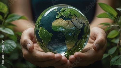 A pair of hands cradling a glass globe representing the Earth, surrounded by lush green foliage.