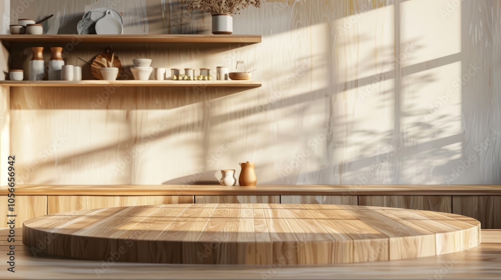 Wooden pedestal with open space for decor, kitchen setting with shelves, sunlight, and shadow effects, mockup area for product display. Wooden pedestal with open space for decor, kitchen setting with shelves, sunlight, and shadow effects, mockup area for product display.