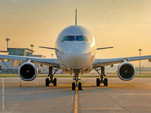 Commercial passenger plane waiting on the airport runway.