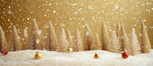 雪の上に黄金色と白のクリスマスツリー、ボケライトとキラキラのオーナメントが落ちているクリスマスの背景。ホリデーグリーティングカードやお祝いの装飾のための冬のシーン。