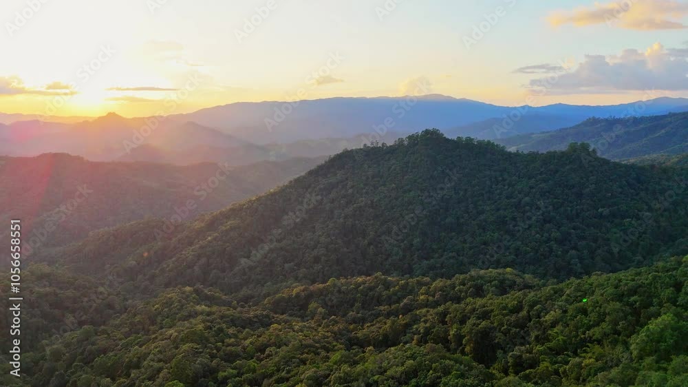 Aerial shot flying over lush forest at sunset in Thailand mountains. Vast landscape and valley. Aerial shot flying over lush forest at sunset in Thailand mountains. Vast landscape and valley.