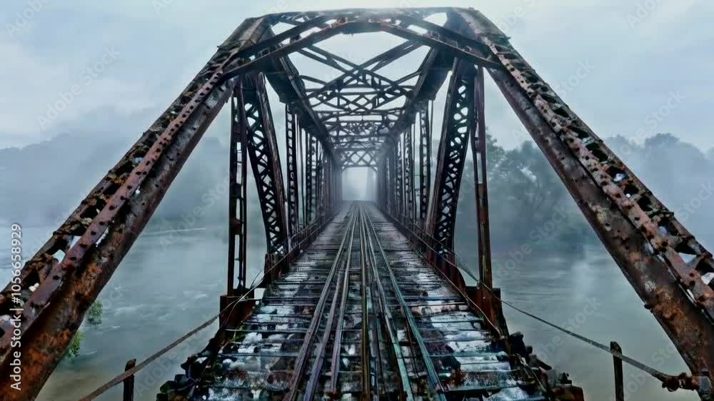 A foggy view of a rusty railway bridge stretching into the distance. A foggy view of a rusty railway bridge stretching into the distance.