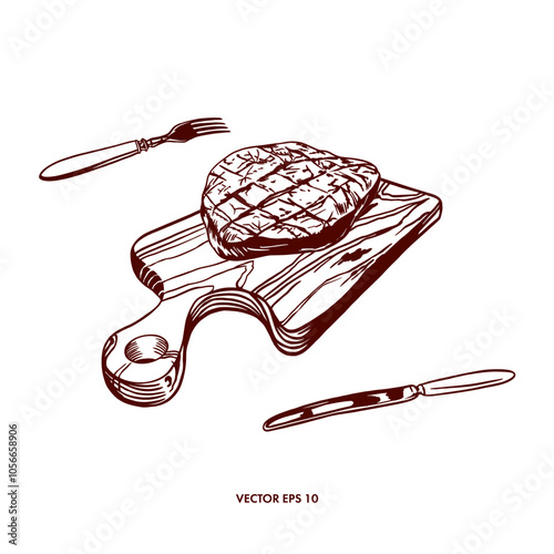 Meat steak on a wooden board, fork, knife. Hand drawn vector illustration in graphic style. For design of menu of cafes, restaurants, banners, posters