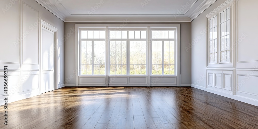 Obraz premium A large, empty room with white walls and wooden floors. The room is large and open, with a lot of natural light coming in through the windows. The space is clean and uncluttered