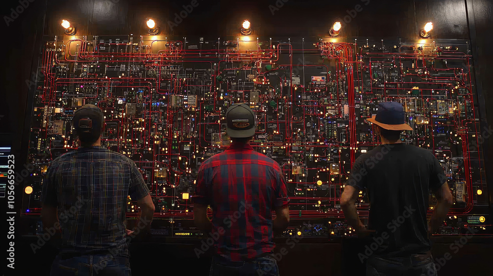 Three individuals analyzing complex circuitry and energy data in dimly lit room, showcasing intricate connections and vibrant lights Three individuals analyzing complex circuitry and energy data in dimly lit room, showcasing intricate connections and vibrant lights