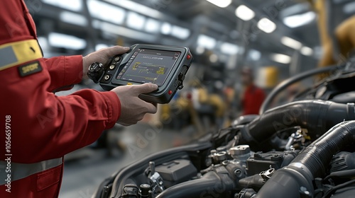 Engine Bay Diagnosis with Scan Tool Mechanic in a well-lit area using a digital diagnostic scanner connected to a car’s engine bay, displaying the blend of technology and repair work photo