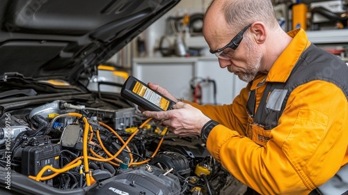 Engine Bay Diagnosis with Scan Tool Mechanic in a well-lit area using a digital diagnostic scanner connected to a car’s engine bay, displaying the blend of technology and repair work
