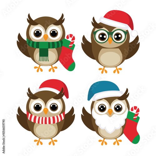 Wallpaper Mural Set of Christmas owls on a white background. Set of cute cartoon Christmas owls on a white background Torontodigital.ca
