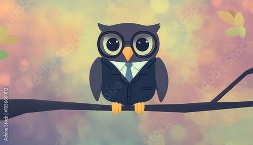 Owl Wearing Suit and Glasses on Branch with Blurred Background photo