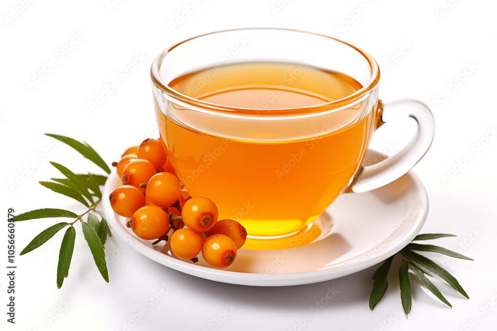sea buckthorn tea in a cup on a white background. sea buckthorn tea in a cup on a white background.