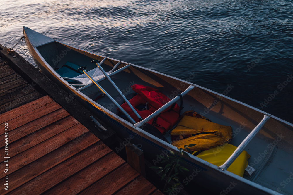 docked canoe with red, orange, yellow life vests and oars on lake, river docked canoe with red, orange, yellow life vests and oars on lake, river