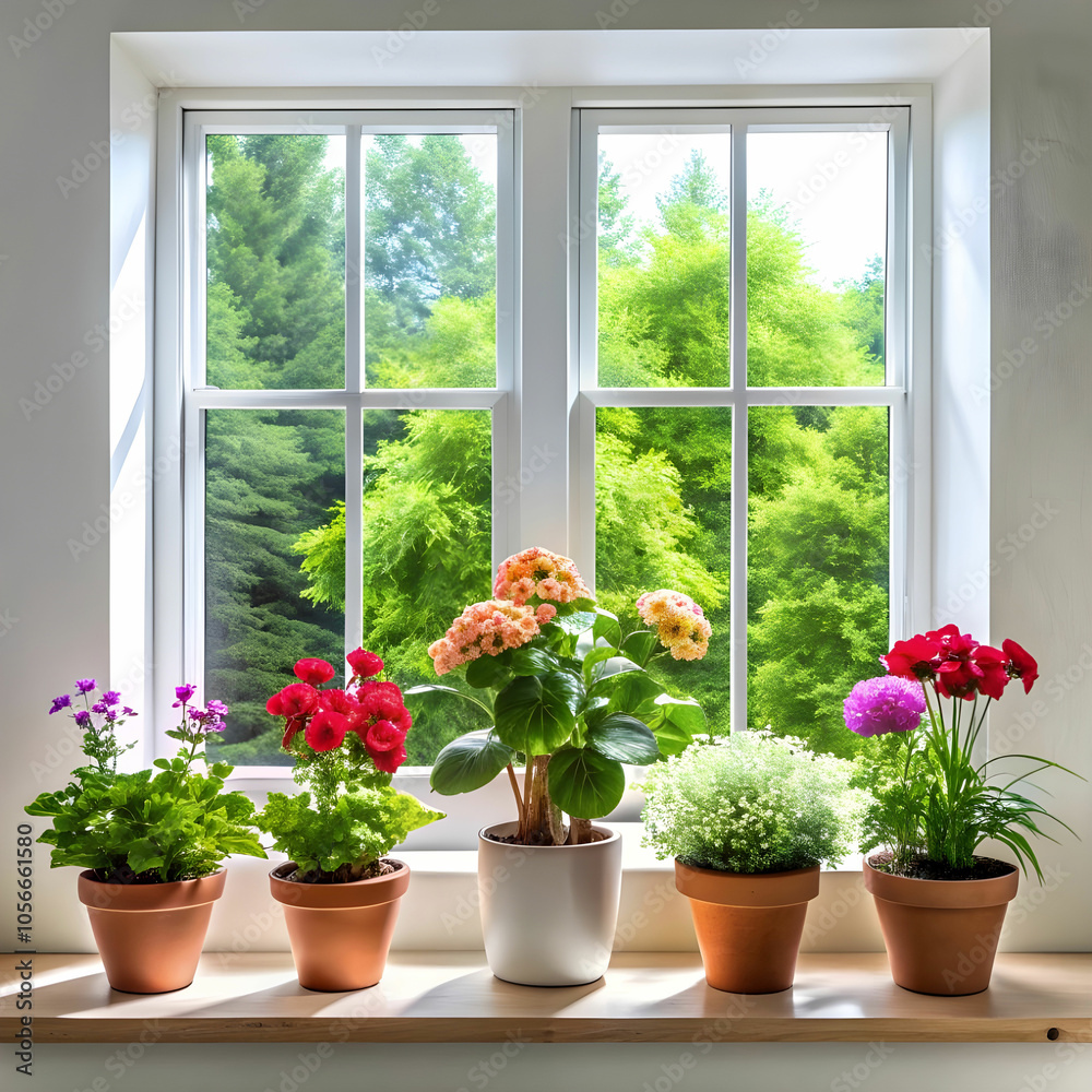 flower plants near window on white