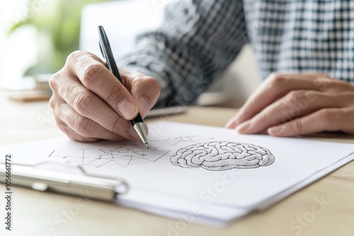 Mindful Therapist: Psychologist's Hands Writing Notes on Mind Theory Diagram in Professional Office Setting