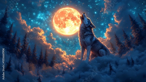 A wolf howls at a large, orange moon in a starry night sky above a forest. photo