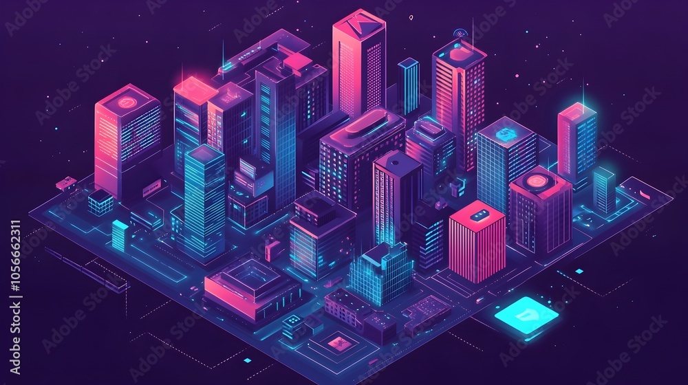 Vibrant Blockchain Powered Isometric Cityscape with Minimalist Futuristic Architecture Vibrant Blockchain Powered Isometric Cityscape with Minimalist Futuristic Architecture