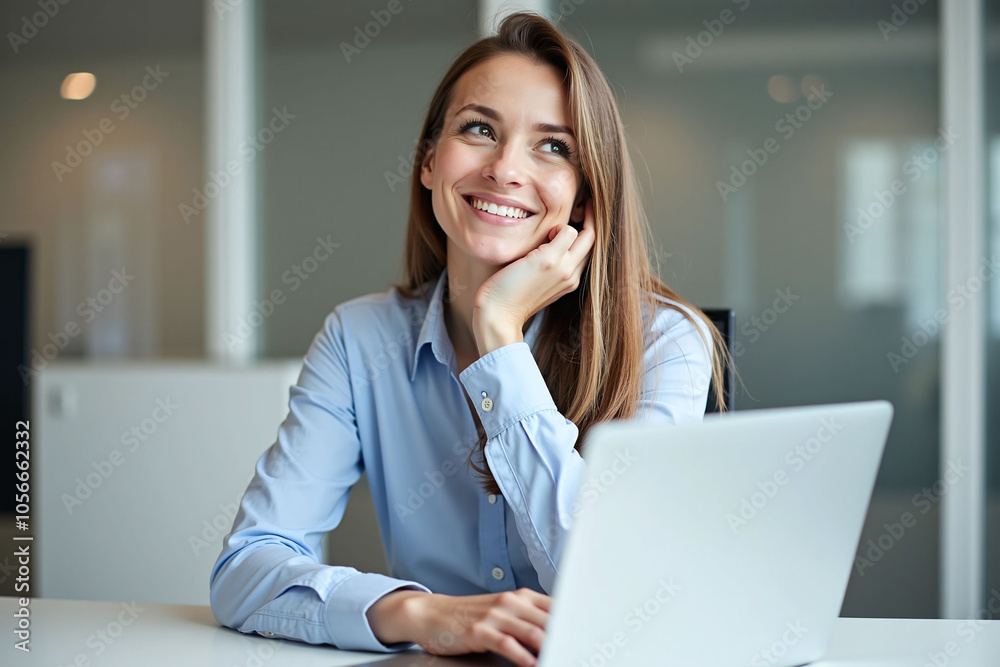 Woman at desk in office, lost in thought Woman at desk in office, lost in thought