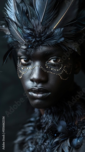 Dramatic Portrait of a Woman with Feathers and Makeup