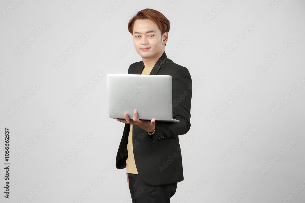 portrait of happy asian businessman holding laptop computer wearing suit on isolated background portrait of happy asian businessman holding laptop computer wearing suit on isolated background