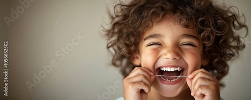 Little child learning proper flossing technique for oral hygiene and dental health education photo