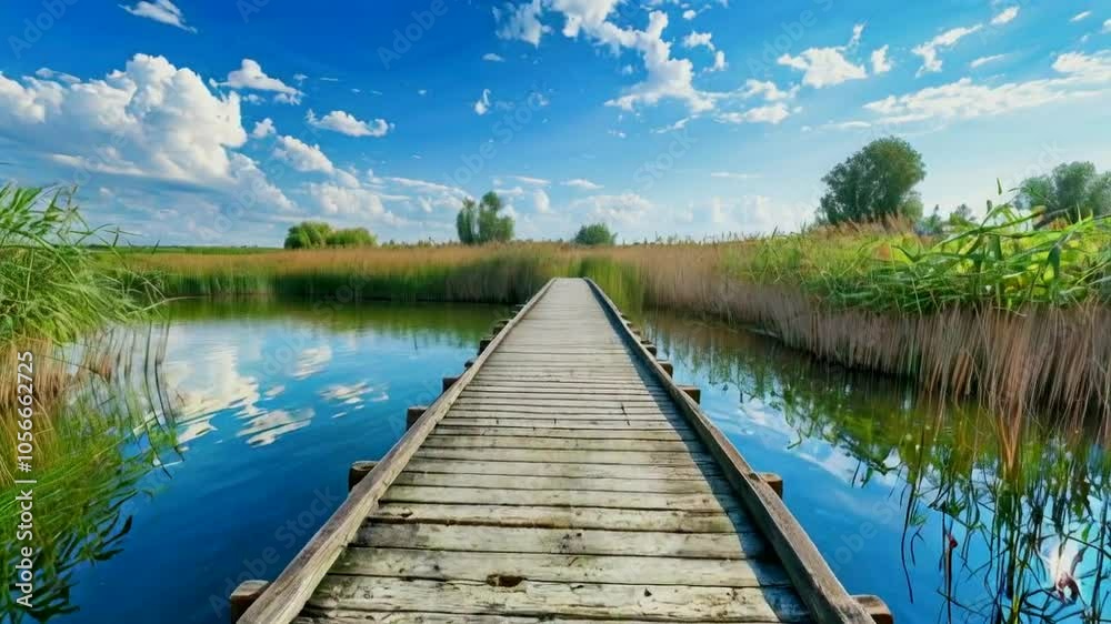 A wooden pathway leads through lush greenery and calm waters under a bright blue sky. A wooden pathway leads through lush greenery and calm waters under a bright blue sky.