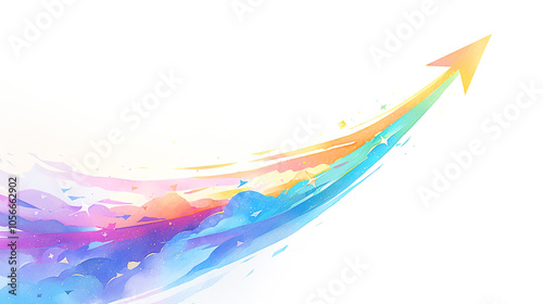 白背景に勢いよく右上を目指す手書き風の虹色の矢印の水彩イラスト