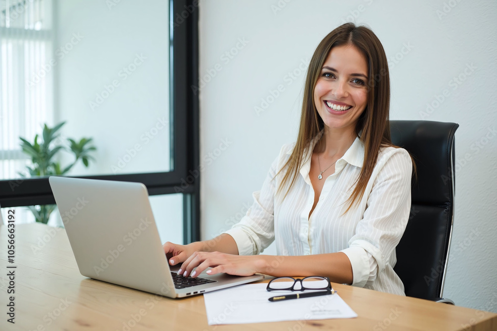 Woman in office chair, modern office, typing on laptop Woman in office chair, modern office, typing on laptop