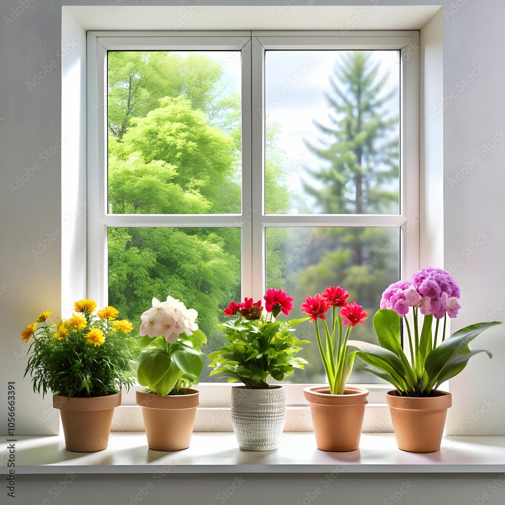 Fototapeta premium flower plants near window on white