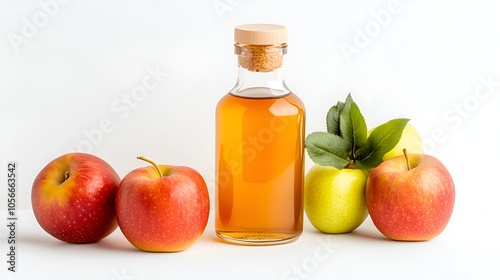 Glass bottle of apple vinegar with fresh apples isolated on a white background