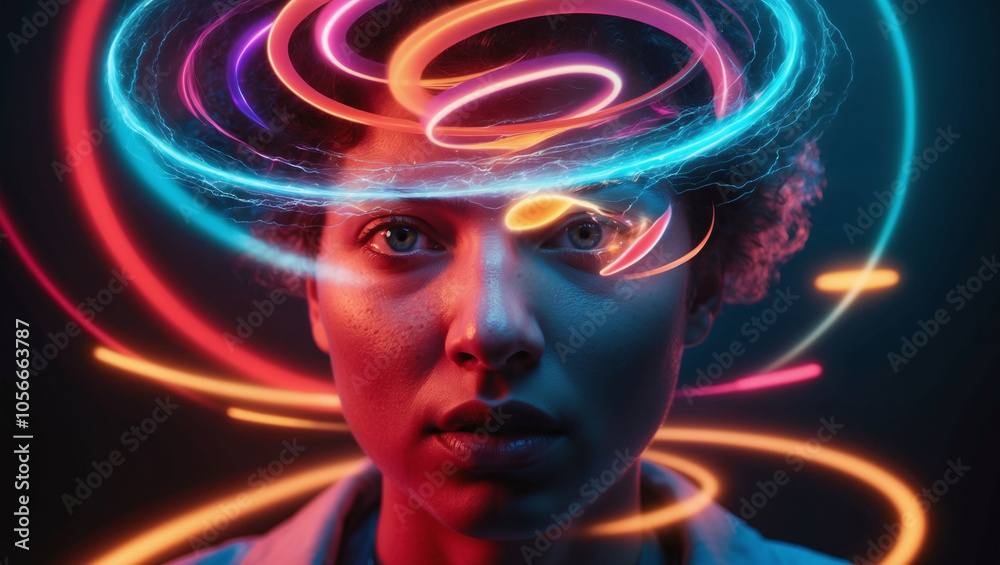Close-up of face with glowing abstract shapes and colors swirling around head symbolizing a storm of thoughts Close-up of face with glowing abstract shapes and colors swirling around head symbolizing a storm of thoughts
