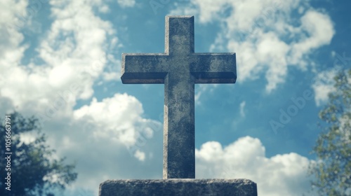 Stone Cross Against a Blue Sky with Clouds - Symbol of Faith, Religion, and Spirituality