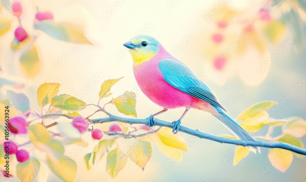 Beautiful Pink and Blue Bird Perched on a Branch with Yellow Leaves Beautiful Pink and Blue Bird Perched on a Branch with Yellow Leaves