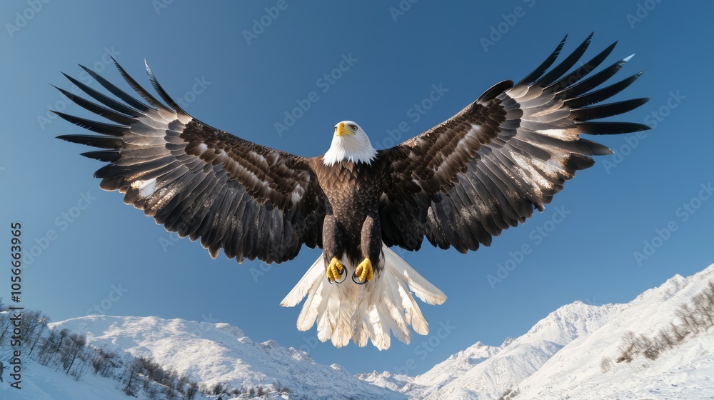 Fototapeta premium Majestic Eagle Soaring Above Mountain Range in Bright Blue Sky, Symbolizing Freedom and Power in Nature, Ultra-Detailed Portrait Photography