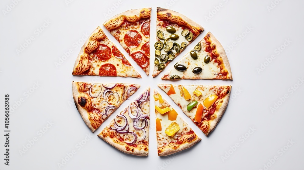 A high-resolution image of a classic pepperoni pizza, expertly cut into six even slices, displayed against a plain white background. The pizza features a thin crust with a lightly golden edge, A high-resolution image of a classic pepperoni pizza, expertly cut into six even slices, displayed against a plain white background. The pizza features a thin crust with a lightly golden edge,