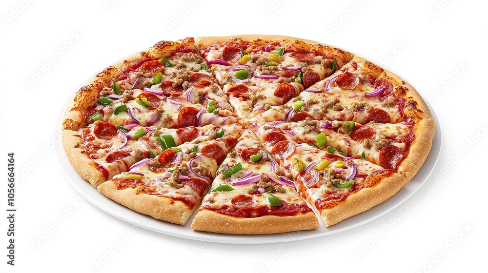 A high-resolution image of a classic pepperoni pizza, expertly cut into six even slices, displayed against a plain white background. The pizza features a thin crust with a lightly golden edge, A high-resolution image of a classic pepperoni pizza, expertly cut into six even slices, displayed against a plain white background. The pizza features a thin crust with a lightly golden edge,