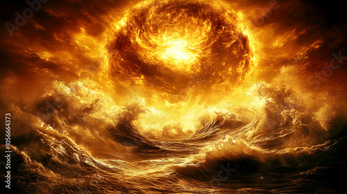 Fiery, abstract image of a swirling vortex in the sky, above a sea of flames.