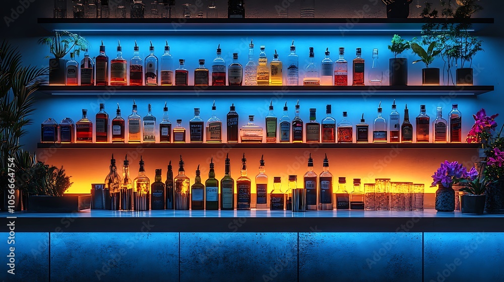 Glass bottles of spirits illuminated in elegant striking images Glass bottles of spirits illuminated in elegant striking images